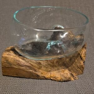 Handblown Glass Bowl on Natural Wood Base - Clear Glass